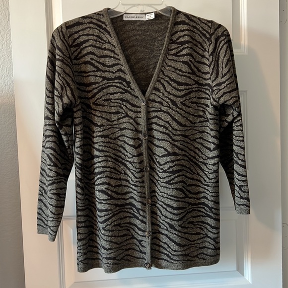 VTG Karen Lessly brown sweater small animal print workwear casual indie cardigan - Picture 3 of 14